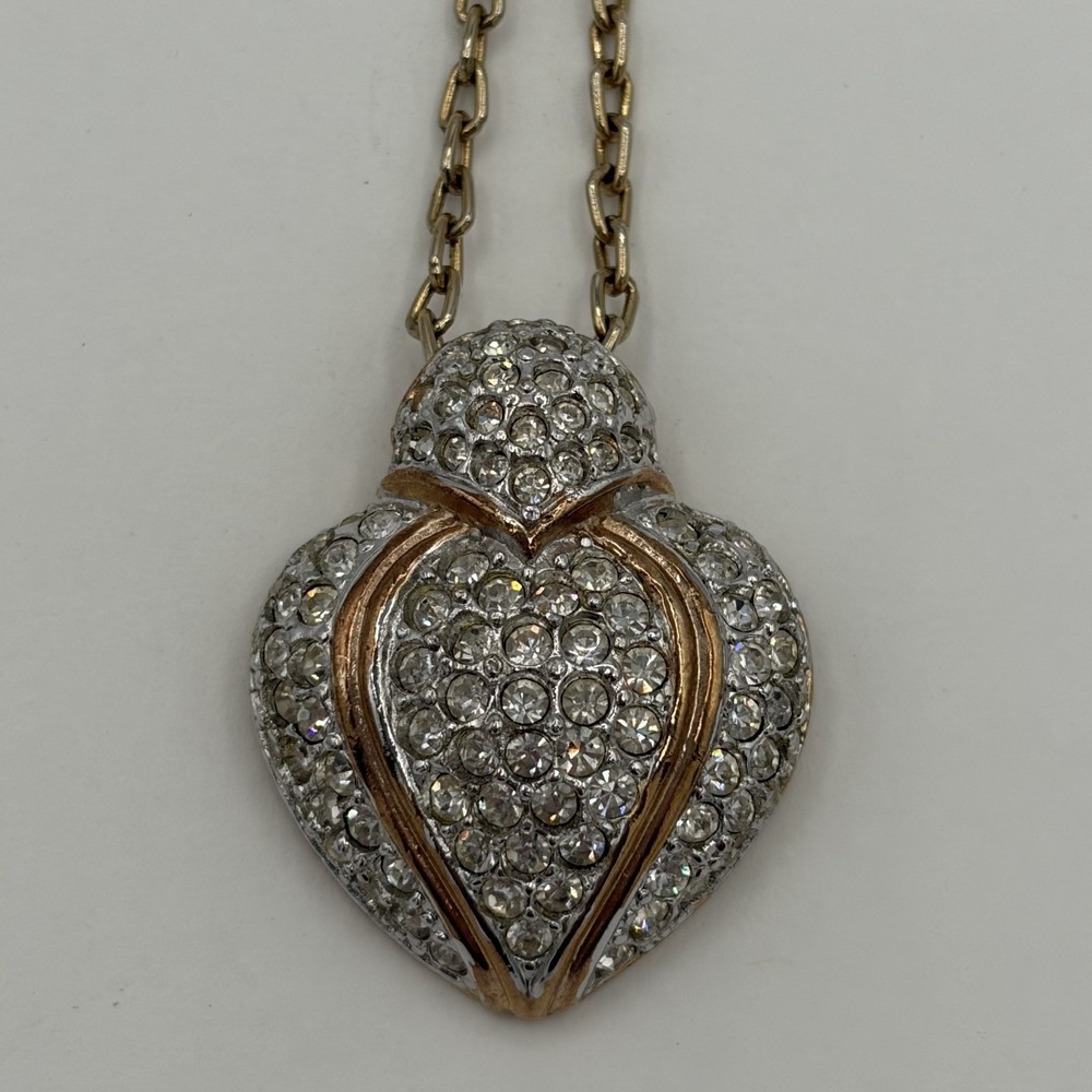 Vintage Avon Two Tone Pave‎ Rhinestone Puffy Heart Pendant Long Necklace